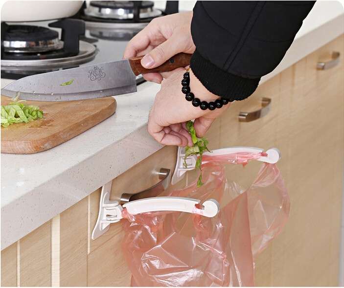 Hanging Kitchen Cupboard Cabinet Door Tailgate Stand Storage Garbage Bags Hooks Rack Home Kitchen Dining (Color: White)-7