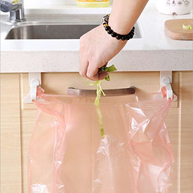 Hanging Kitchen Cupboard Cabinet Door Tailgate Stand Storage Garbage Bags Hooks Rack Home Kitchen Dining (Color: White)-8