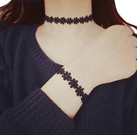 BucF-Vintage Daisy Tattoo Lace Choker Necklace Bracelet Black 2 In 1 Set