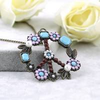 Jaex-Vintage Flower Coral Turquoise Pearl Peace Sign Pendant Long Necklace Jewelry