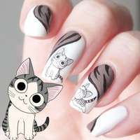 NQeo-1Pc Happy Cute Cat Pattern Nail Art Water Decals Transfers Sticker (Size: 6cm By 5cm)
